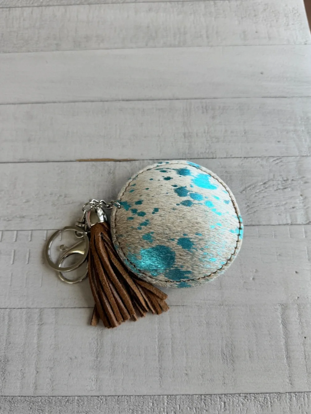 Western Acid Wash Round Turquoise & White Haircalf Keychain with Brown Tassel